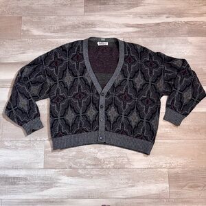Vtg 90s Mens Jantzen gray geometric wool mohair blend cardigan sweater XL